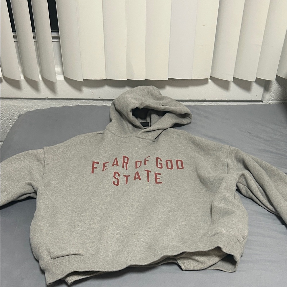 Fear of God Gray Hoodie with Red Text